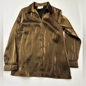 Fred David Petite Chocolate Brown Button-Front Blouse